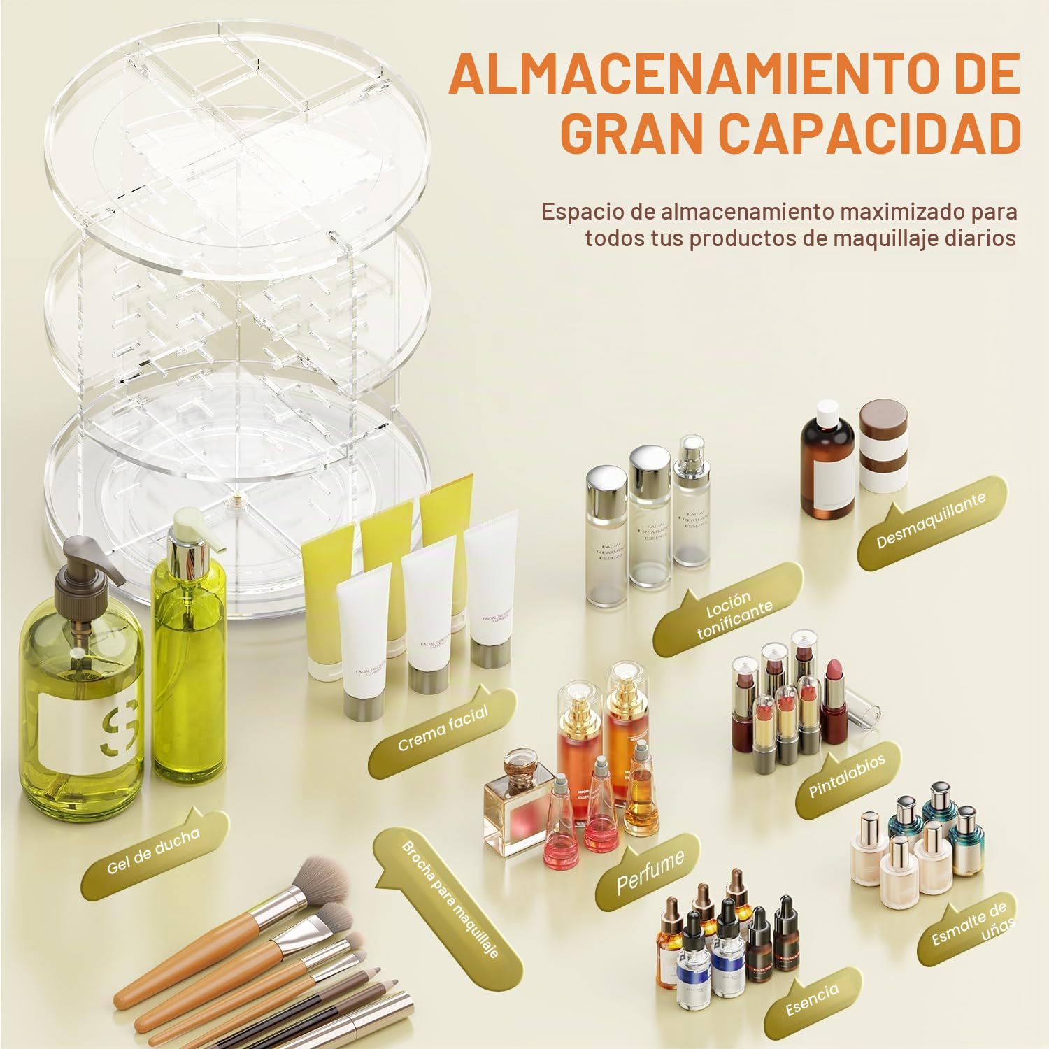 Auxmir Organizador de Maquillaje Giratorio 360, Organizador Perfumes y Cremas, Almacenaje Maquillaje con 9 Niveles Ajustables, para Pintalabios Brochas Baño Tocador, Gran Capacidad, Transparente
