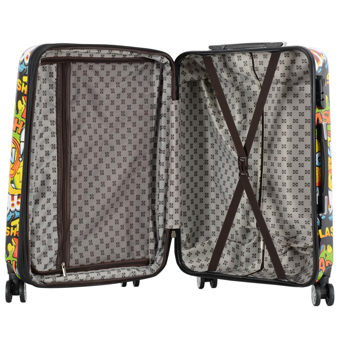 A1 FASHION GOODS Maleta rígida giratoria con cerradura TSA, 4 ruedas, equipaje expandible, onomatopeya, impresión de sonidos cómicos, multicolor, Medium 24", Equipaje expandible rígido con ruedas