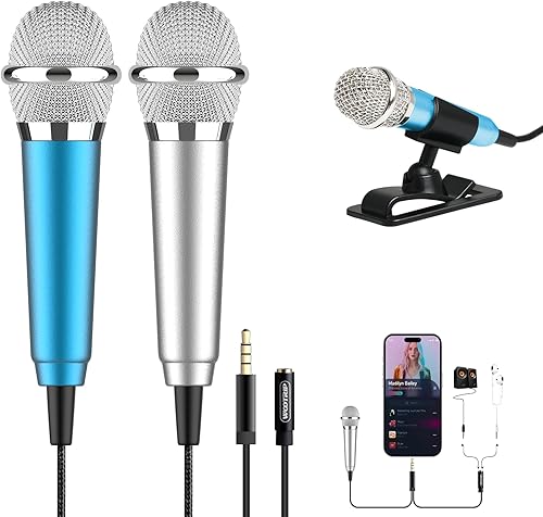 2 piezas Mini micrófono portátil pequeño micrófono 3.5mm dispositivo de grabación vocal micrófono para karaoke podcast entrevistas con soporte para