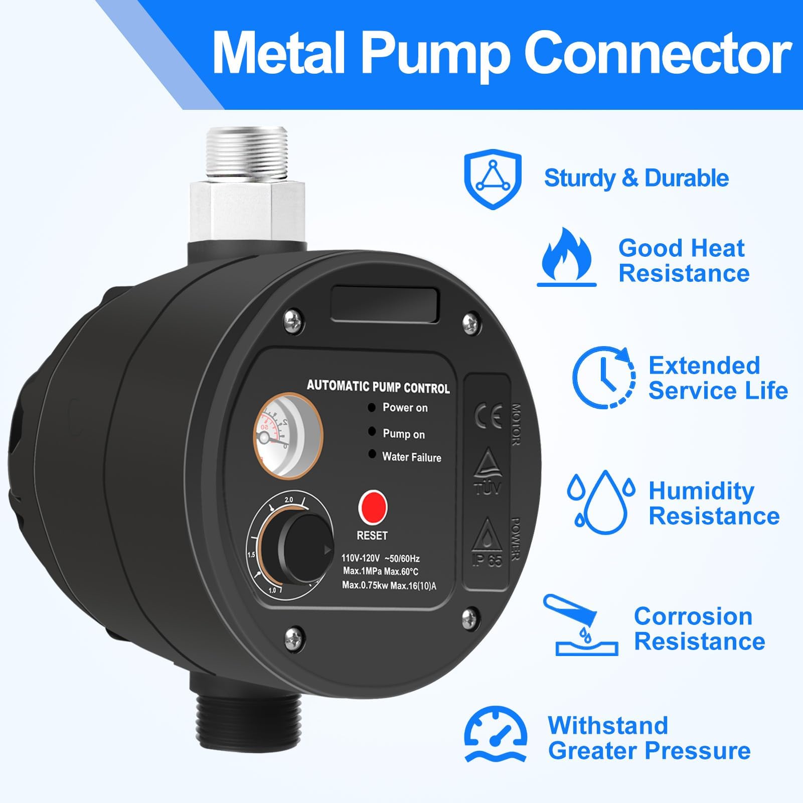 Controlador automático de bomba IP65, ajuste giratorio, conector de bomba de metal, control de interruptor electrónico, controlador de presión de bomba de agua, 110 V/1,5 KW/10 bar, TÜV, CE, ideal