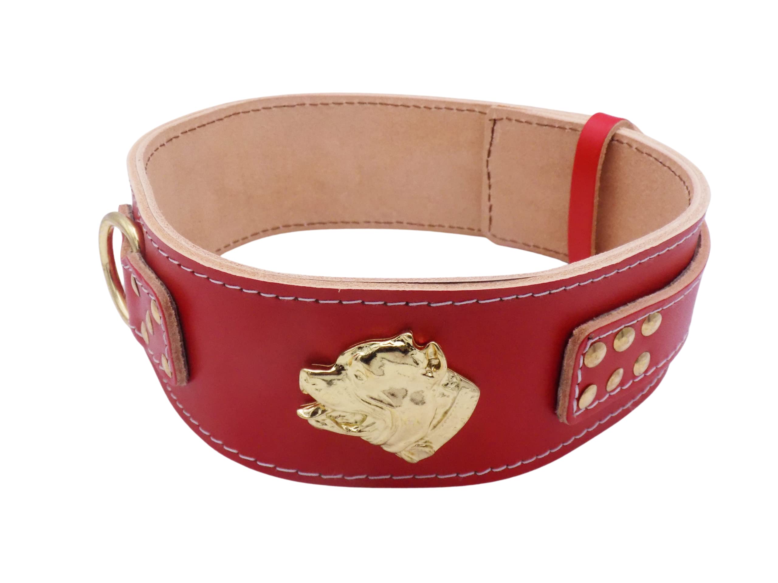 Unique American Bully GOLD Heavy Duty 2.5 inch Wide Leather Dog Collar with American Bully Head Motif (Medium: 20" - 25", Red)