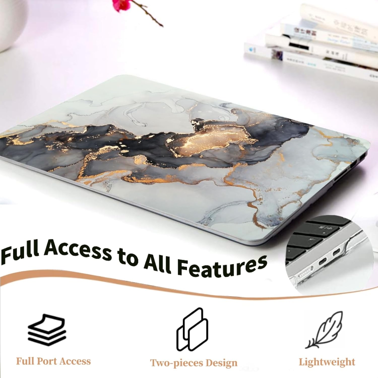 Computer Case Compatible with MacBook Pro 13 inch Cover 2012 2011 2010 2009 2008 Release A1278 with CD-ROM, Graphic Plastic Laptop Shell with Keyboard Cover Skin, Grey Gold Marble