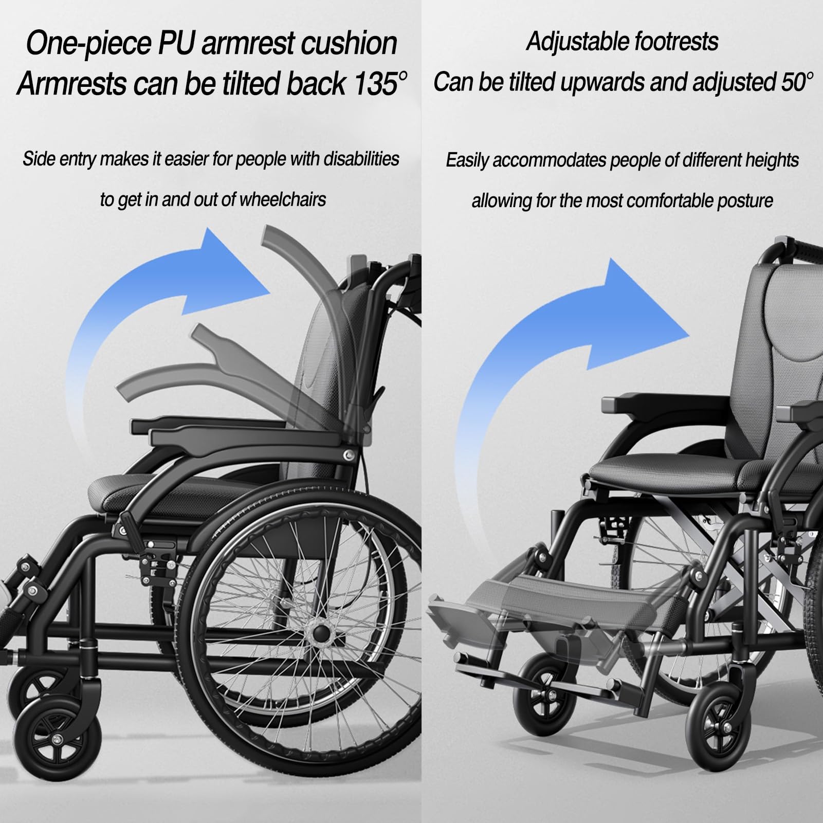 Składane wózki inwalidzkie dla dorosłych, wózki inwalidzkie mobilne, 20-calowe poszerzone koła tylne, podwójny układ hamulcowy(Black)