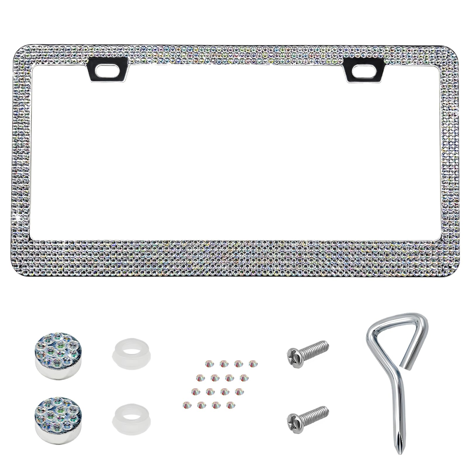 Sun Walker Bling License Plate Frame, Sparkly Rhinestone Licence Plate Holder with Glittery Screw Caps, Obstruction-Free Stainless Steel Tag Cover Glitter Decor for Most Vehicles (AB)