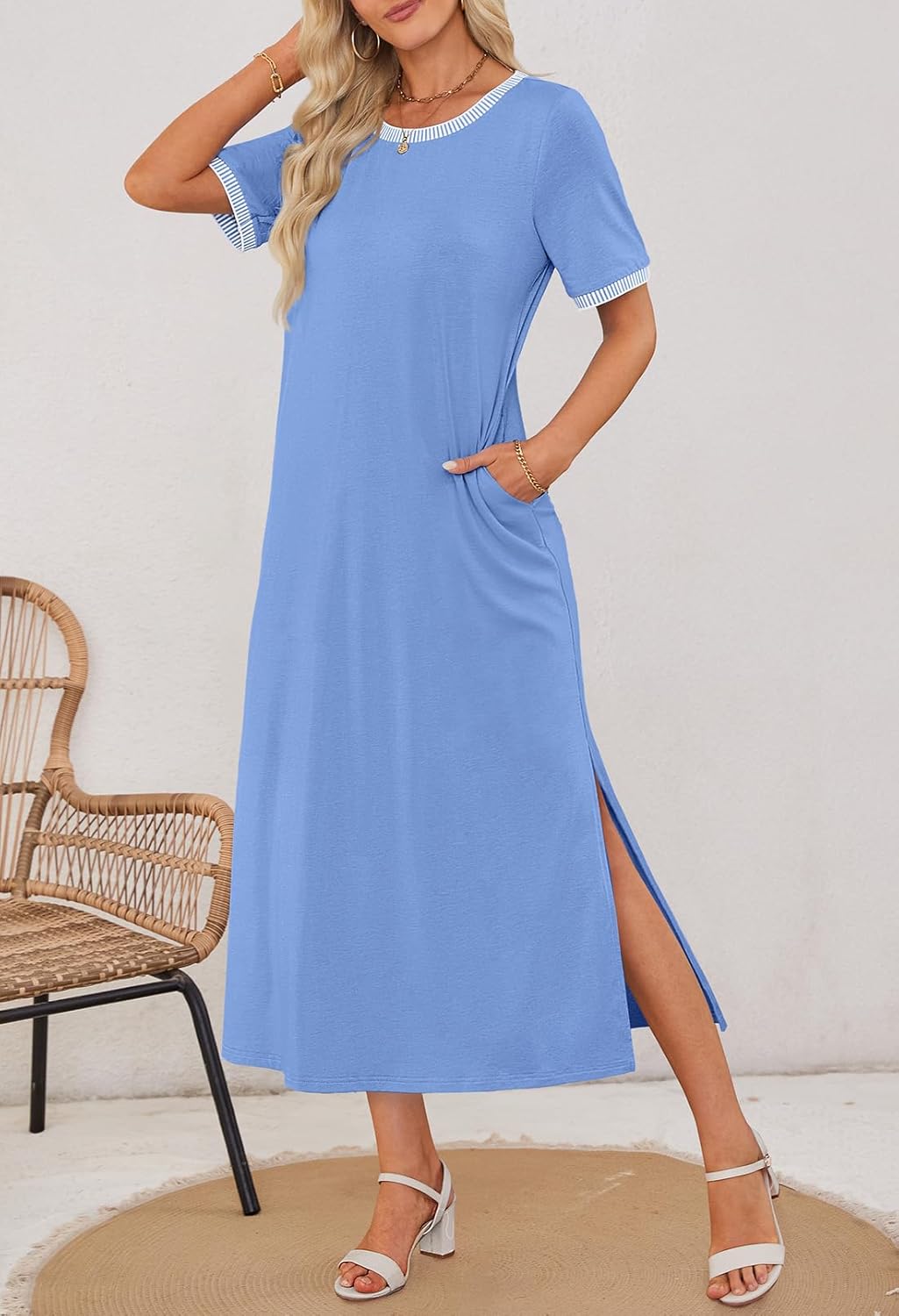 MEROKEETY Women's 2025 Summer Casual Maxi Dress Spring Beach Vacation Short Sleeve Crewneck Split Midi T Shirt Dresses - Image 4