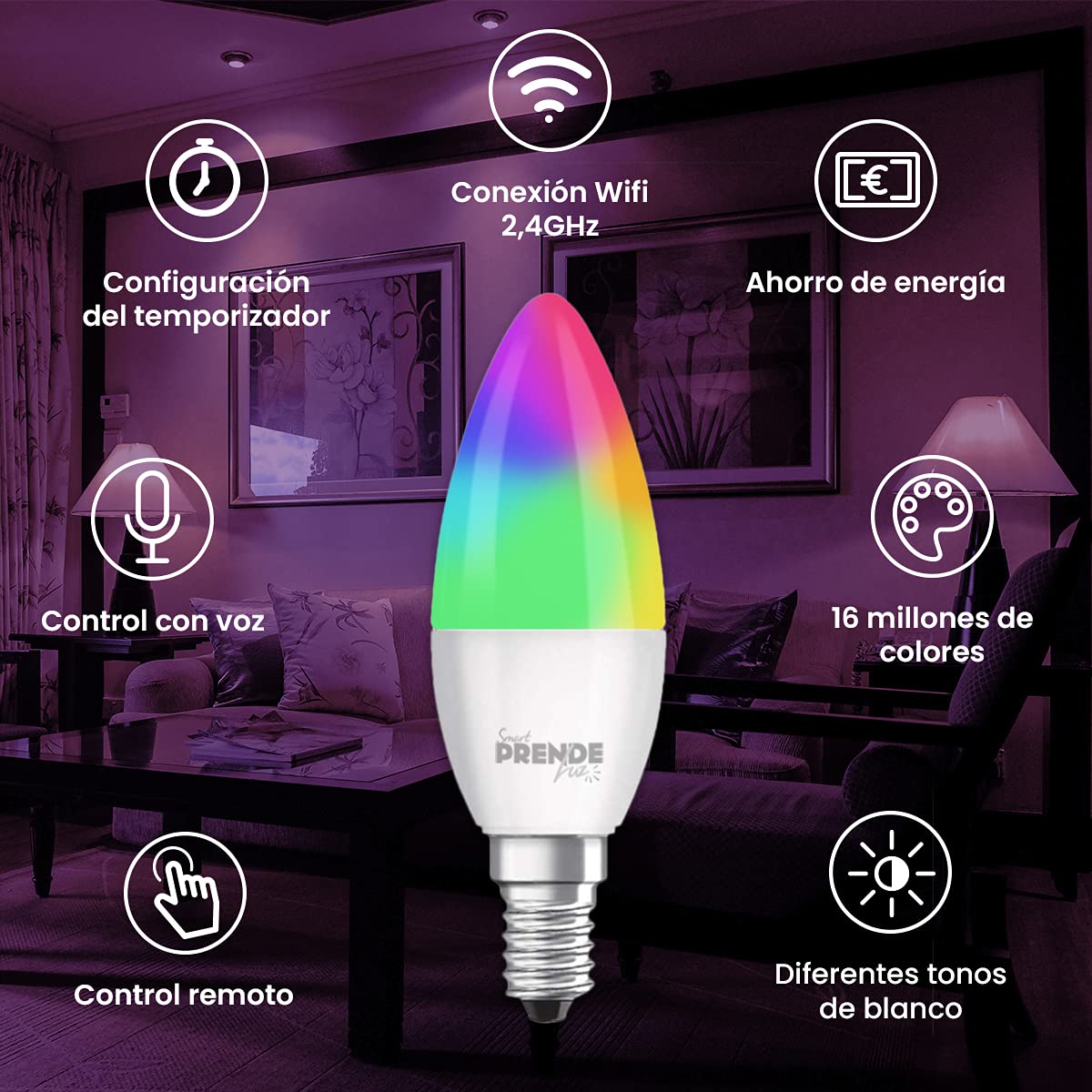 PRENDELUZ Intelligente Kerzenlampe, RGB, 5,5 W, E14, Smart Kerzenlampe, 4er-Pack