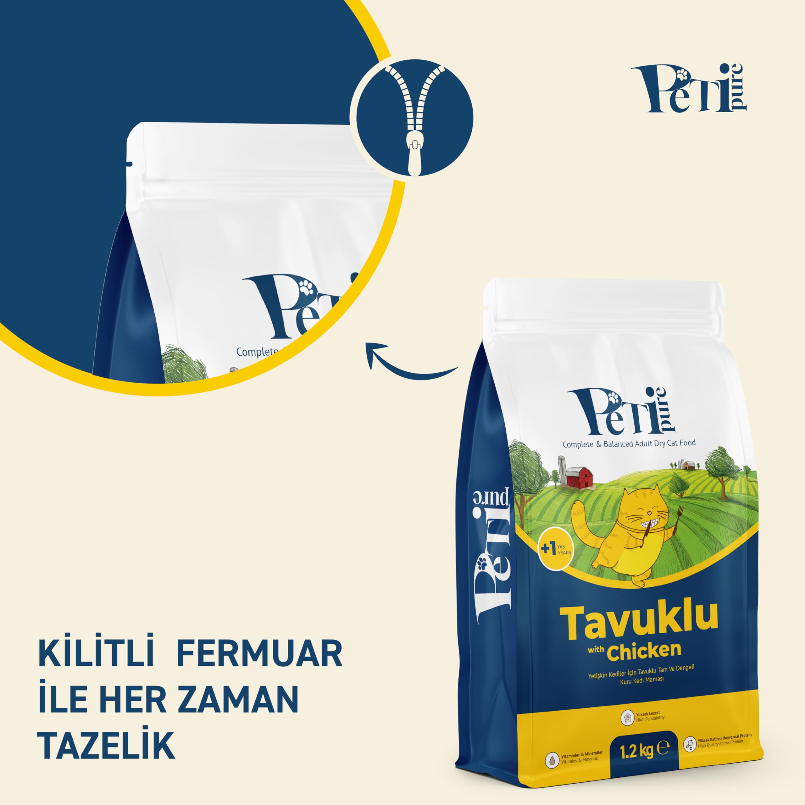 Petipure Kuru Yetişkin Kedi Maması - Besleyici Vitamin İlaveli Tam ve Dengeli Mama (1,2 Kg, Tavuk) (3 paketi)