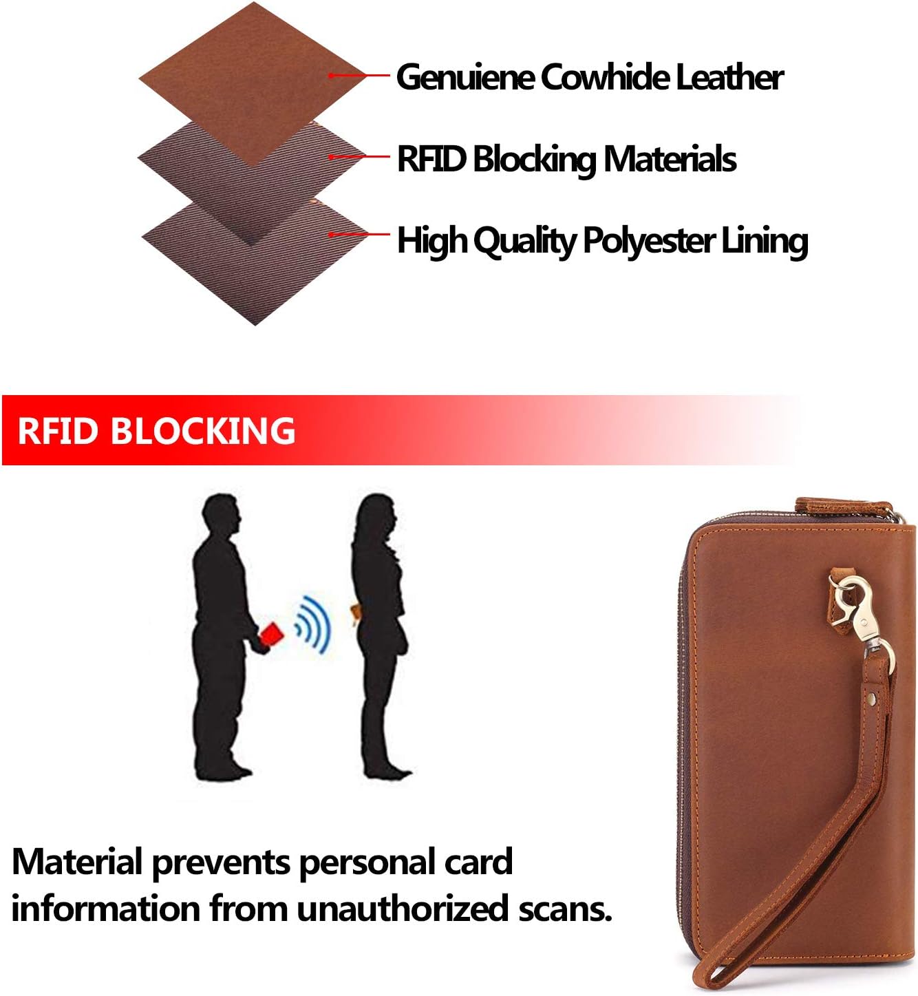 Jack&Chris Leather Wristlet Wallet, Premium Clutch Wallet Double Zipper Card Cell Phone Holder RFID Blocking Purse for Men and Women, NM8058 (Light Brown)