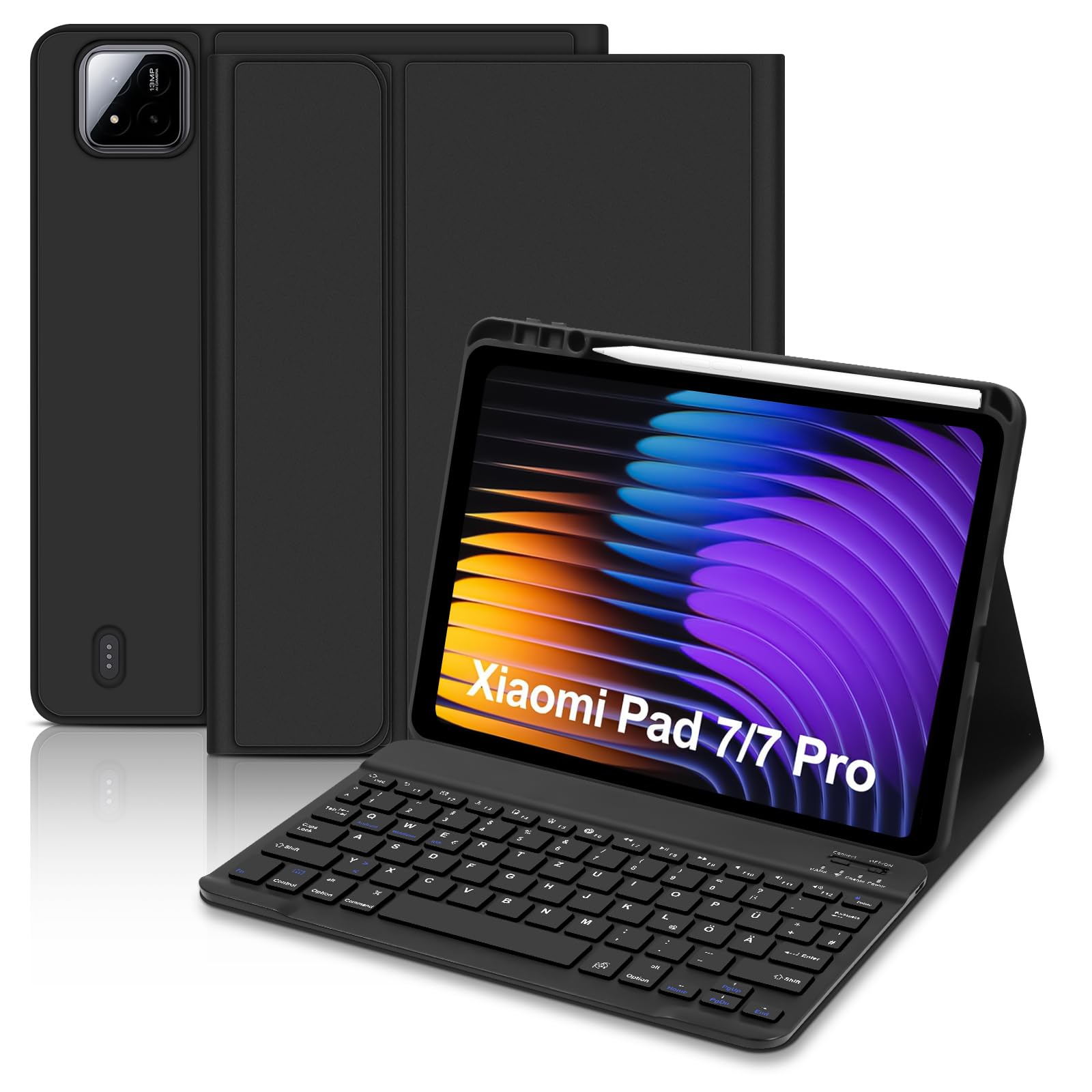 Hülle mit Tastatur für Xiaomi Pad 7/7 Pro 11.2 Zoll 2025, QWERTZ Layout Keyboard für Xiaomi Pad 7 Pro 11.2“, Magnetisch Abnehmbarer Wireless Tastatur mit Pen Halter für Xiaomi Tablet 7, Schwarz