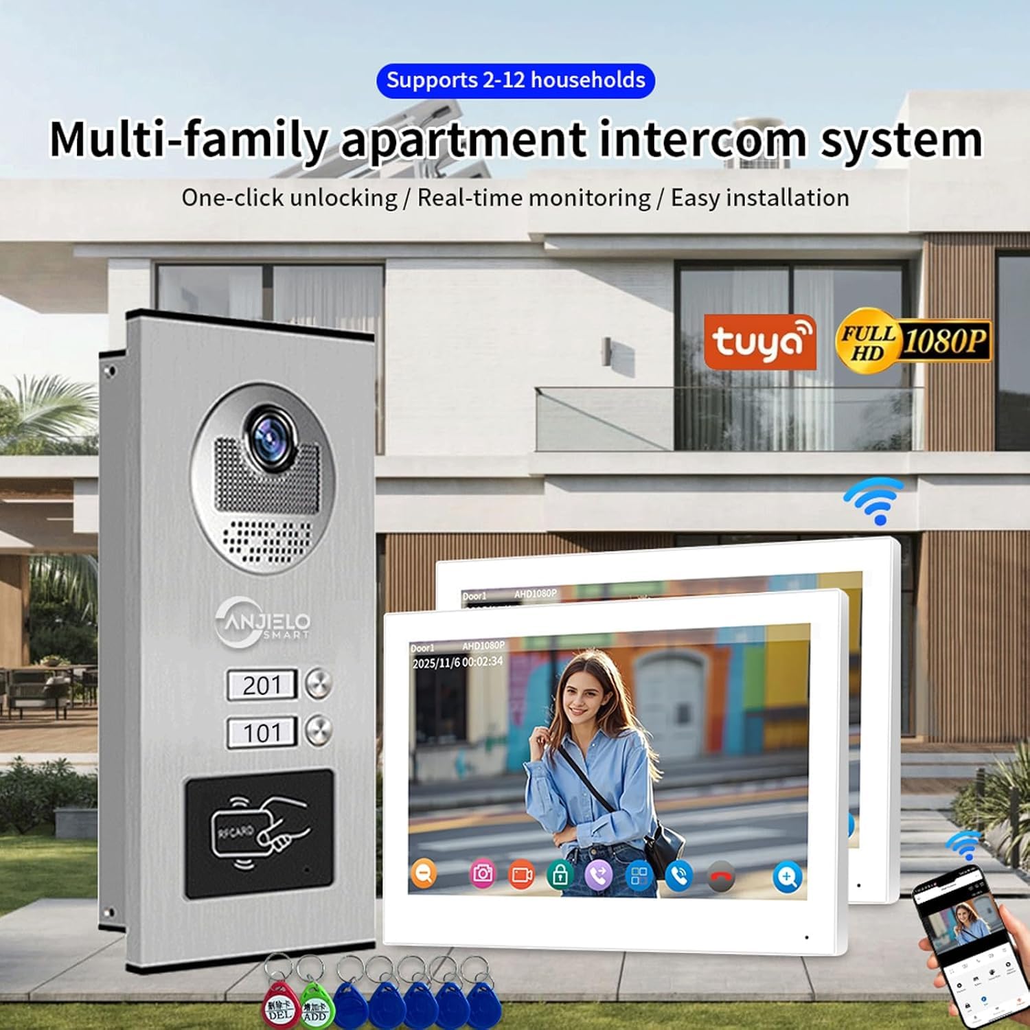 ANJIELO SMART Zestaw Wideodomofonowy 1080P – 7-calowy Monitor, Obsługa 2–12 Mieszkań, Detekcja Ruchu, Rozmowy Dwukierunkowe, Integracja z Tuya, Slot na Kartę 32GB（Trzy rodziny）
