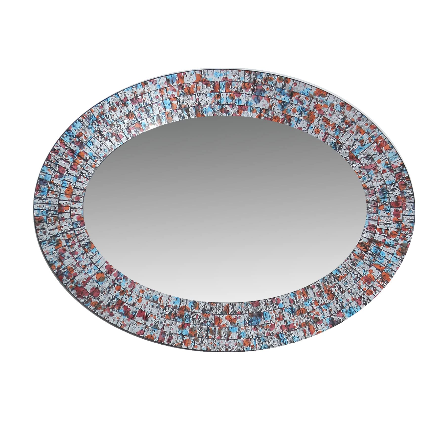Zorigs Mirror Wall Art Décor – Handcrafted Decorative Wall Mirror, Silver, Sky Blue, and Maple Brown Mosaic, 32” x 24” Oval Shape for Hallway, Bedroom