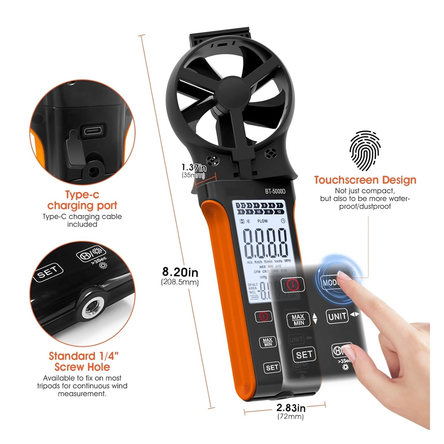 Wind Sensors Handheld Anemometer,CFM Wind Speed Meter,HVAC Rotatable Wind Air Flow Velocity Wind Volume,Rechargeable Gauge,BT-5000D