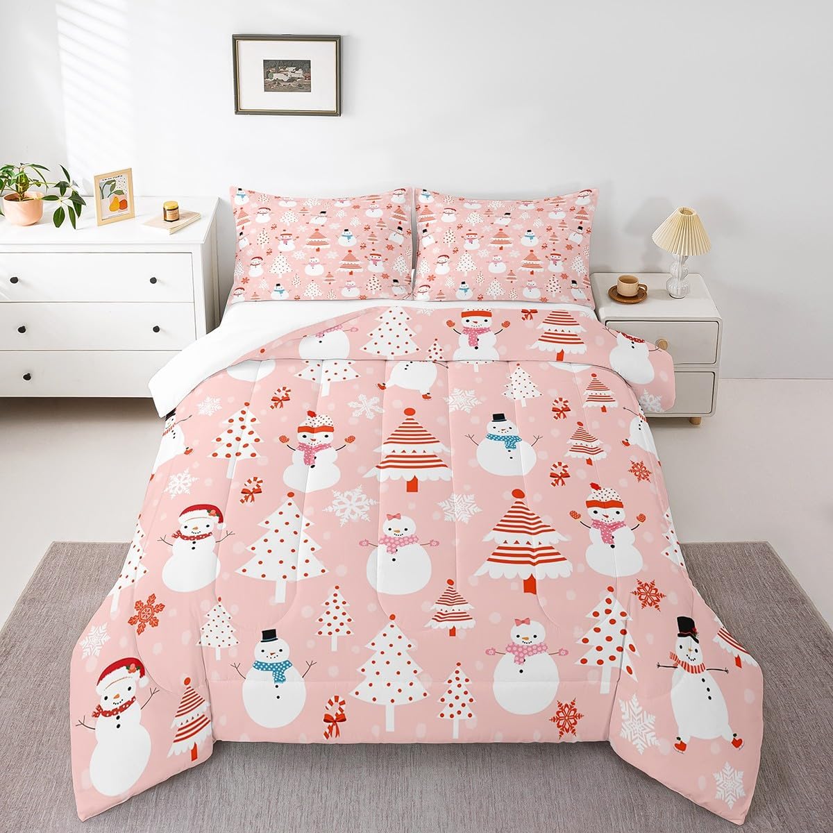 Feelyou Christmas Kids Comforter Set Cartoon Snowman Bedding Set for Boys Girls Christmas Tree Decor Comforter Pink Dots Xmas Theme Duvet Set Bedroom Comforter Inner Fill 3Pcs Full Size