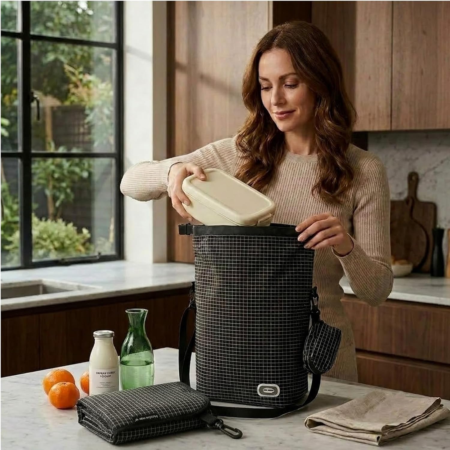 3 Piece Set Foldable Lunch Bag - Insulated Large Lunch Box, Leak Proof Cooler Bag - Black Grid Fabric image 5