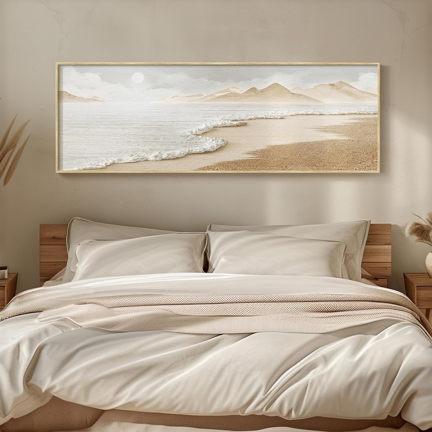 Framed Boho Abstract Beach Wall Art for Living Room, Large Neutral Coastal Canvas Prints Artwork for Walls, Set of 3 Piece Modern Minimalist Ocean Picture Print for Hallway Office Wall Decor, 24x36 In
