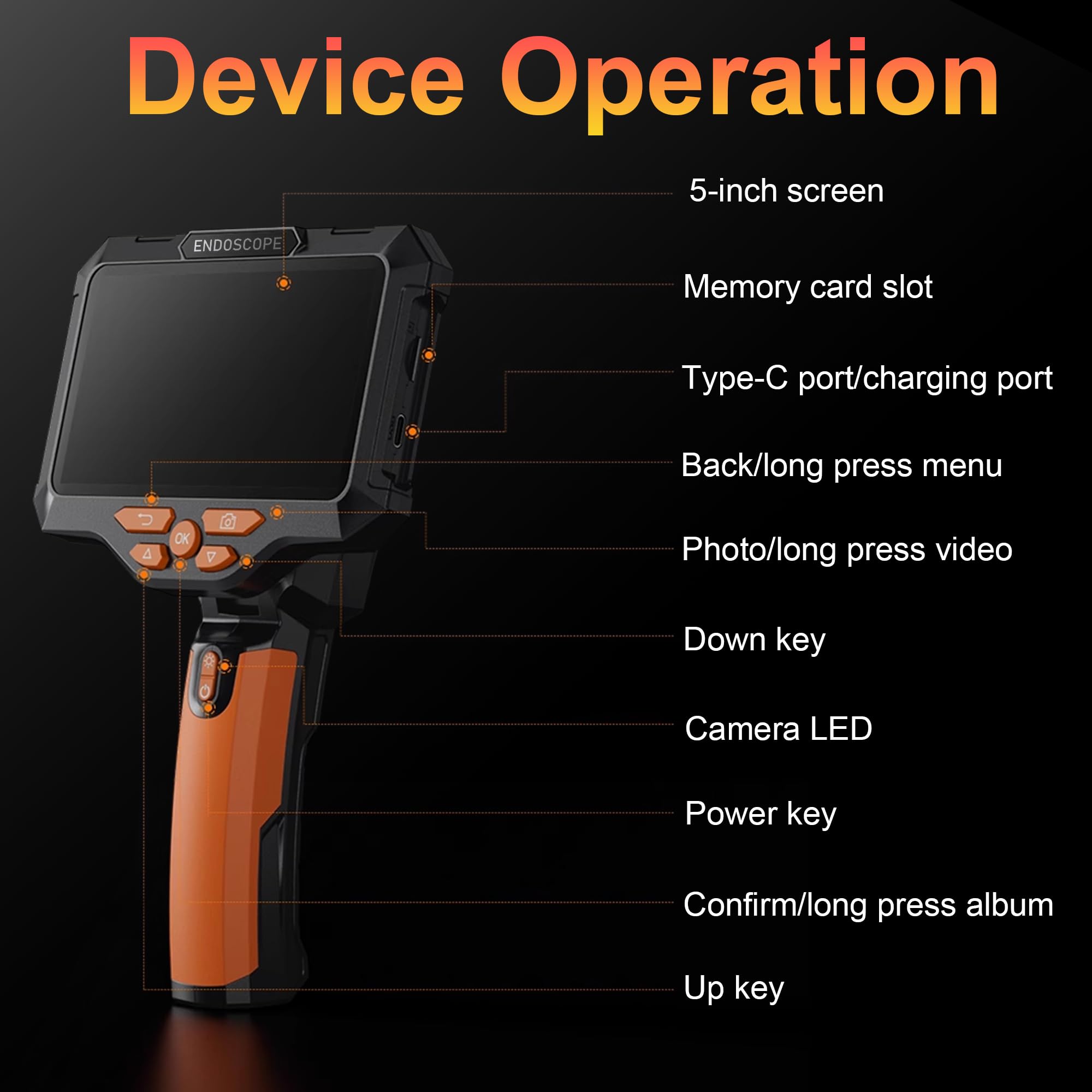 Endoscopio 20M Triple Lente, 1080p Endoscopio Tuberias Camara de Inspeccion con Pantalla IPS HD de 5 Pulgadas, Endoscopio Industrial Camara IP67 con 8+2 Luces LED, 7.9MM, 64 GB de RAM