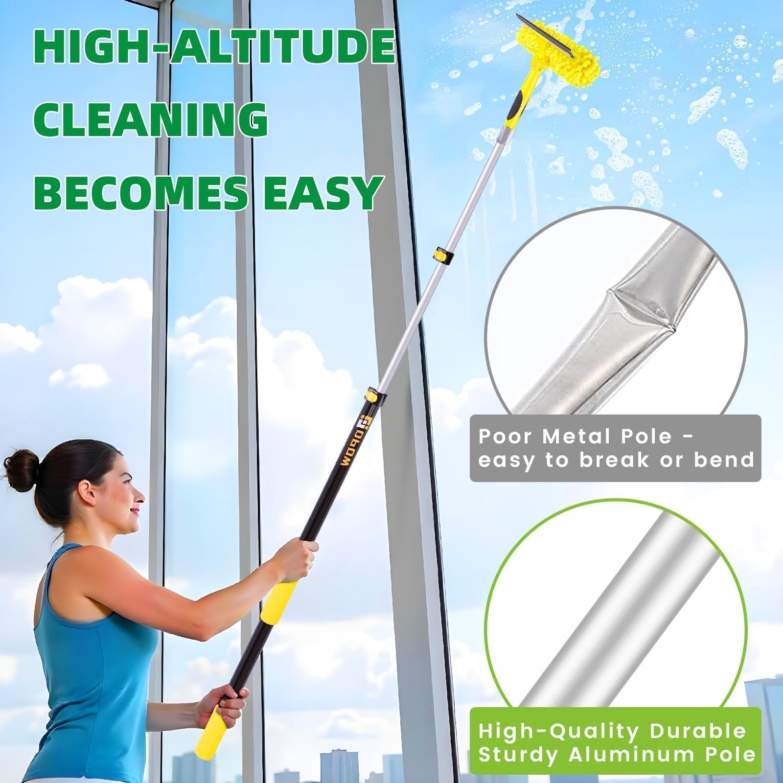 Escobilla de ventana de largo alcance de 144 pulgadas con poste de extensión telescópico, limpieza de ducha 2 en 1 con poste telescópico, herramienta de lavado de extensión con cabezal de 5