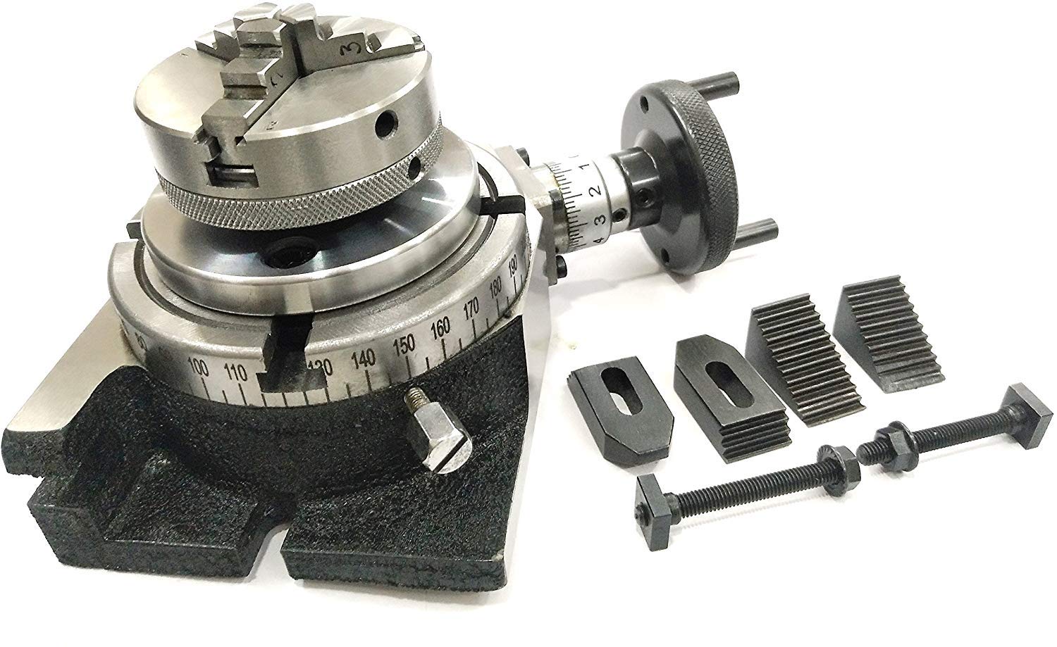 INDIZACIÓN DE MILLADO 4"/100 Mesa rotativa de precisión horizontal vertical con kit de abrazadera M6 y portabrocas pequeño (con mandril de centrado automático de 65 mm con 3 mordazas))