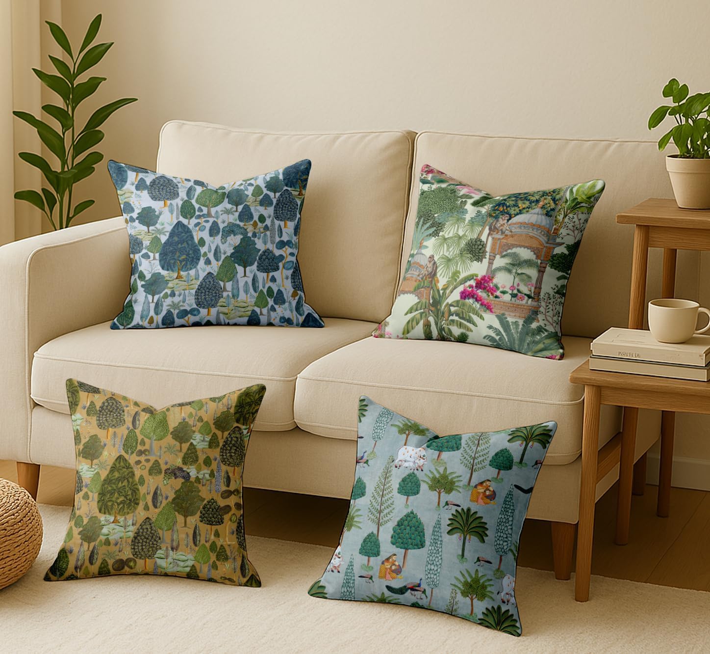 Set of 4 16x16 Inch Pillow Covers - 100% Cotton, Decorative Tree Print, Double-Sided Print with Concealed Zipper - Filler Not Included - Multicolor
