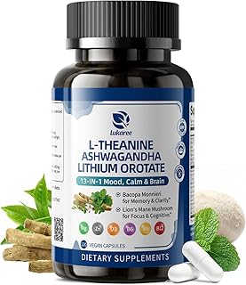 Lithium Orotate 5/10mg, L-Theanine 200mg, Ashwagandha 300mg - Mood Focus Memory Brain Supplements with Bacopa Monnieri, Lion’s Mane, Magnesium, Zinc D3 B6 Folate B12 - 120 Vegan Capsules, 2 Months
