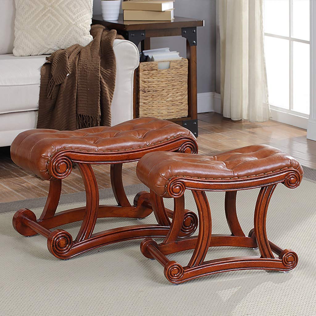 Otomano Retro marrón Antiguo, Madera de Caucho Antideslizante Creativa única para Sala de Estar, Entrada, Puerta, Taburete de sofá de Cuero de Madera Maciza Americana, (tamaño: L)