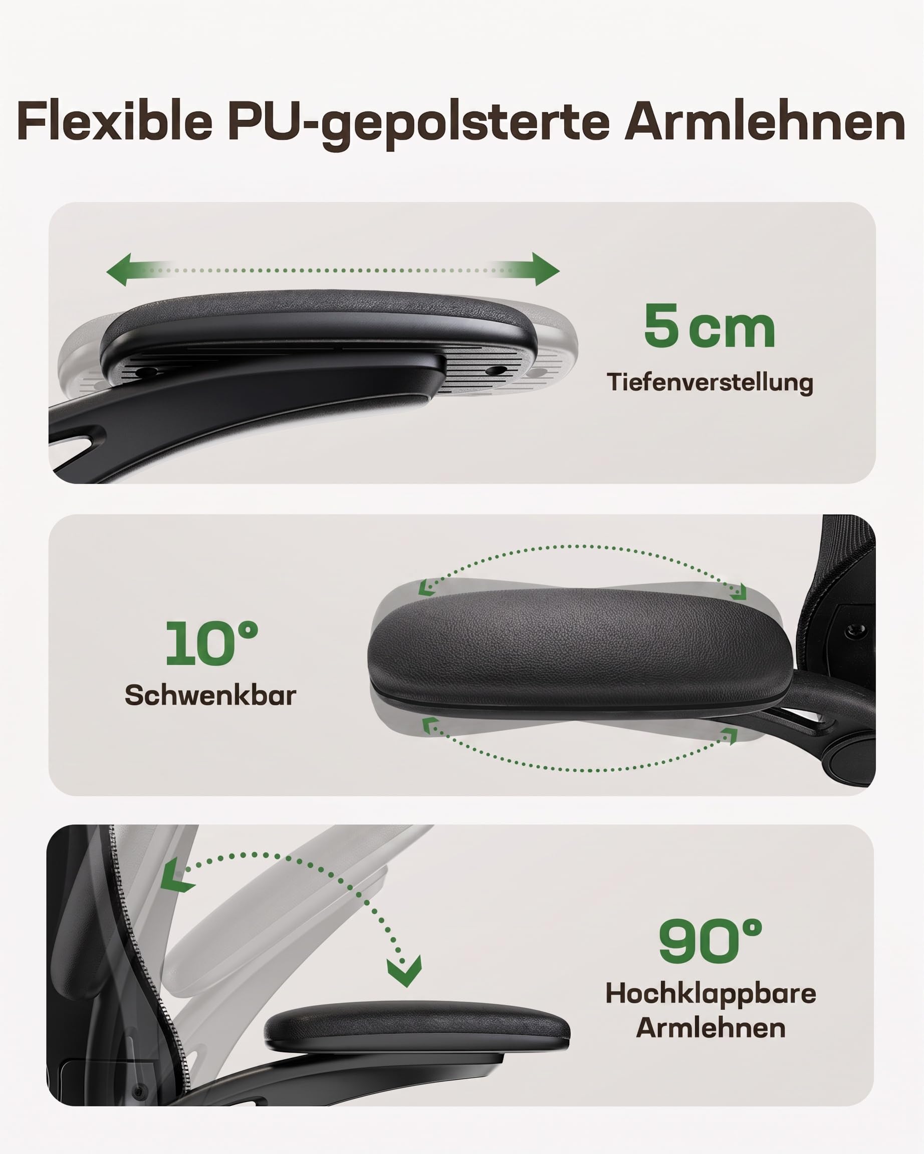 Marsail Bürostuhl Ergonomisch, Schreibtischstuhl mit 3D PU Armlehnen und Verstellbarer Lendenwirbelstütze, Drehstuhl Höhenverstellung und Wippfunktion, Chefsessel aus Mesh, Bis 136kg/300LBS