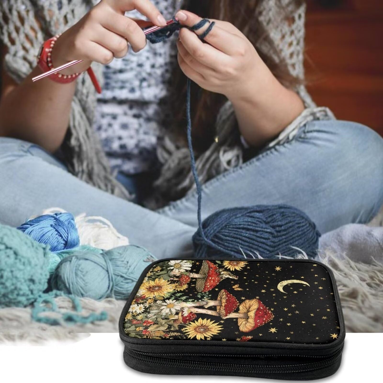 Uorisanigo Crochet Hook Storage Case Bag Empty Sunflower Mushroom Crochet Hook Zipper Organizer Bag with Web Pockets for Circular Needles Knitting Accessories Traveling Crochet Tools Case