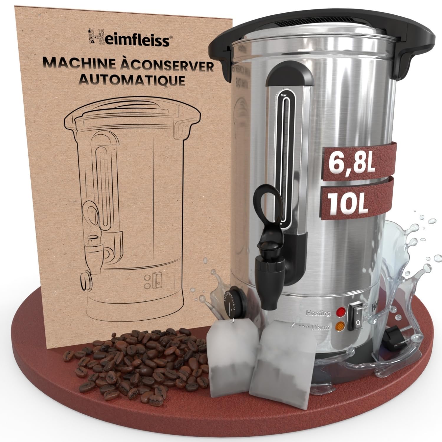 Heimfleiss® Machine à Vin Chaud 10 L en Acier Inoxydable 1500 W | Marmite à Vin Chaud avec Robinet, Thermostat et Protection Surchauffe | Distributeur Eau Chaude et Boissons Chaudes | Argent