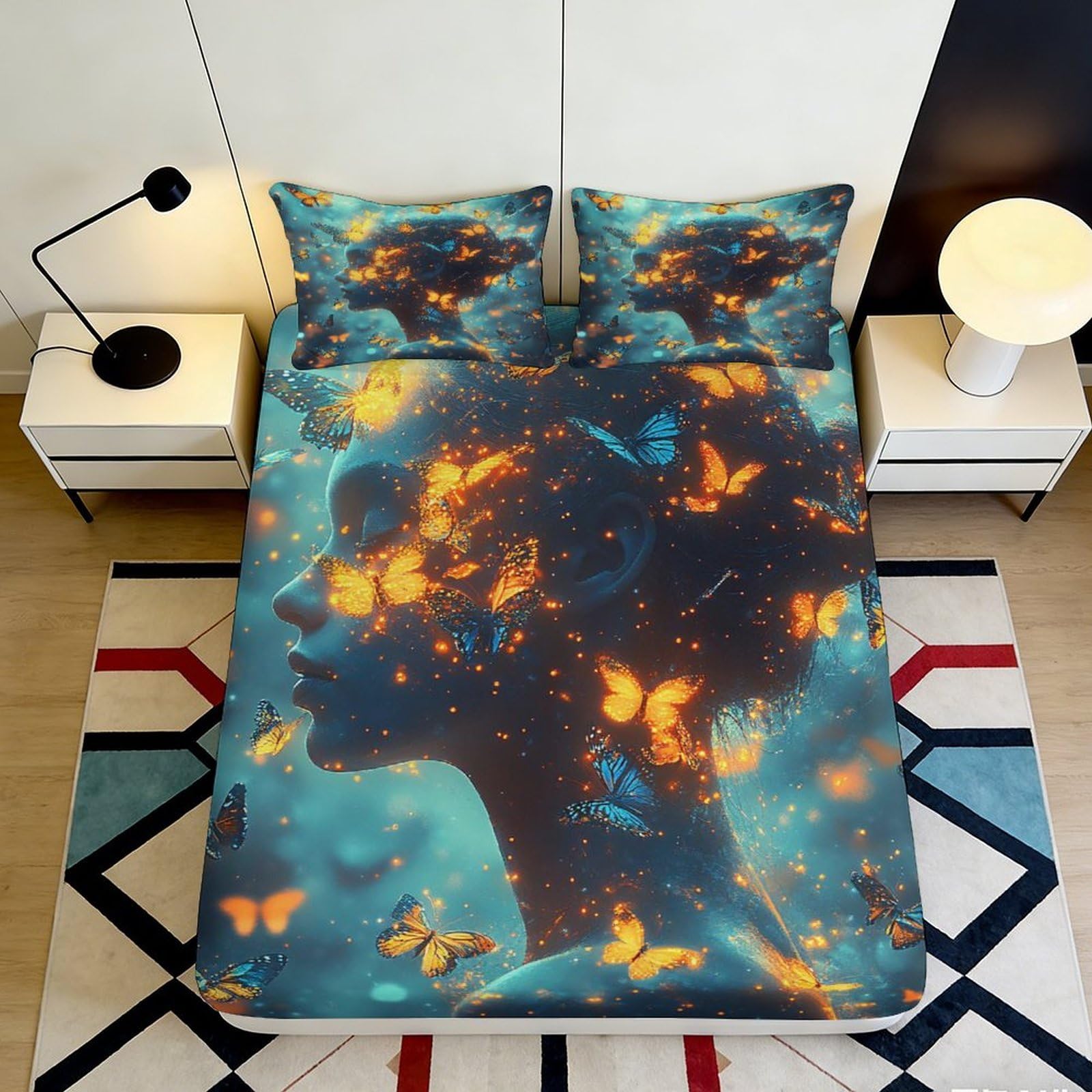 3D Printed Butterfly Dream Portrait Fitted Sheet Microfiber Non-Slip Deep Pocket Artistic Butterfly Mattress Fitted Cover Bedroom Bedding 160x200x25cm