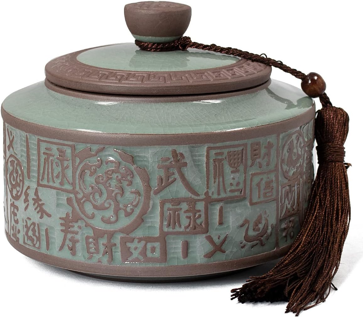 Dahlia Porcelain Tea Canister for Loose Tea, Airtight Longquan Celadon Tea Caddy, Embossed Five Blessings 600 ML