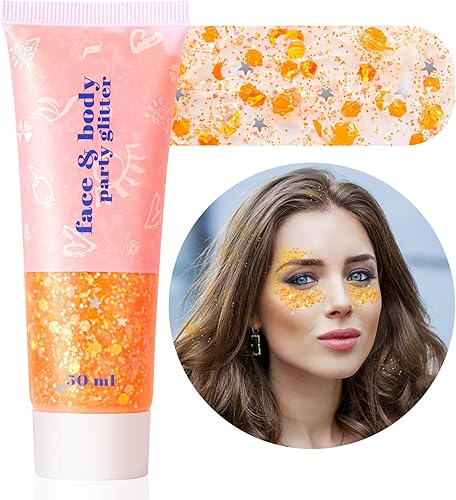 Miniatura 7 de MEICOLY Brillantina naranja para rostro, gel brillante para rostro, lentejuelas de sirena, pintura facial con purpurina para otoño, cabello grueso,