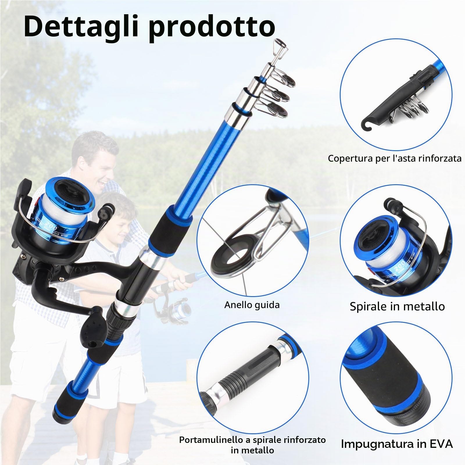 Kit Pesca Bambini 55 Pezzi Canna Telescopica 1,8m | Set Pesca Principianti con Mulinello Esche Guadino Borsa Trasporto per Bambini e Bambine da 3 Anni