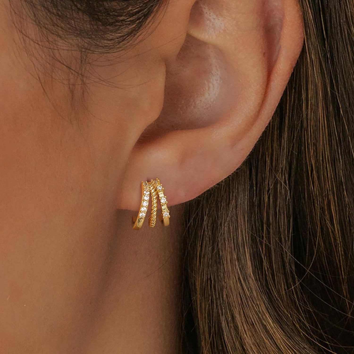 Gold Earrings For Women Trendy,Dainty Triple Huggie Hoop Earrings 14K Gold Plated Cute Small Hoop Earring Cuff Hypoallergenic Fun Unique Cartilage Huggie Earring Womens Fashion Jewelry - Image 5