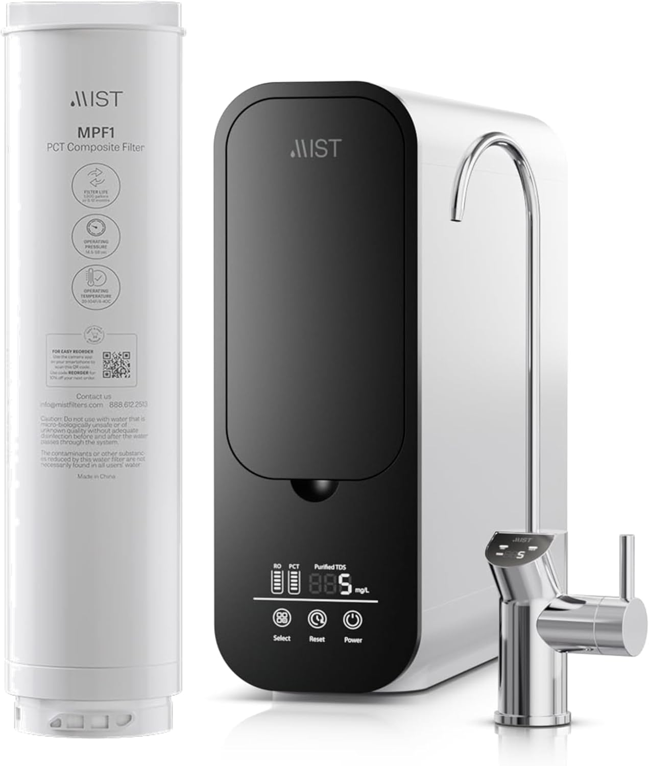 Mist- MPF1 PCT Composite Filter Replacement For Reverse Osmosis Water Filter, Under Sink Water Filtration, Tankless RO System, 2:1 Pure to Drain Reduces TDS, 600 GPD, Smart Visual Display, IAPMO Cert
