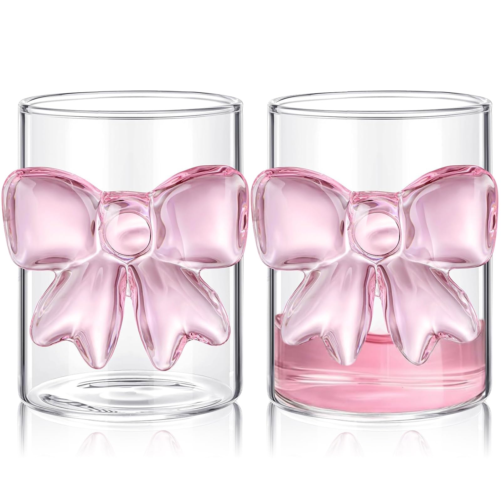 2 Pcs Pink Bow Glass Cups，10 oz Champagne Cocktail Wine Clear Glasses with Cute Bow Design Hot and Cold Beverages Glassware for Home Bar Wedding Bridal Bachelorette Party Cups