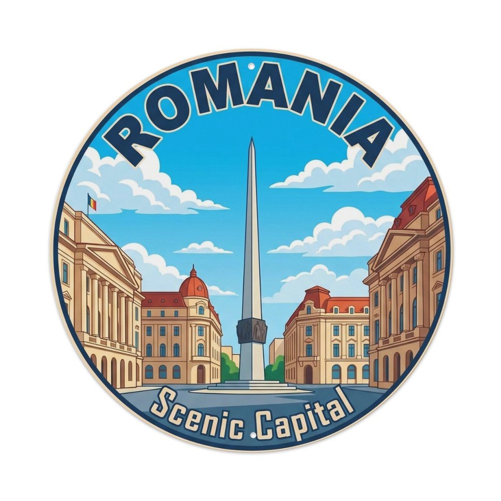 Romania Building Scenic Historic Tourism Classic Destination Metal Tin Sign Plaque Wall Decor for Cafe, Man Cave, Club Bar, Office, Home Garden Round Metal Poster 8x8Inch