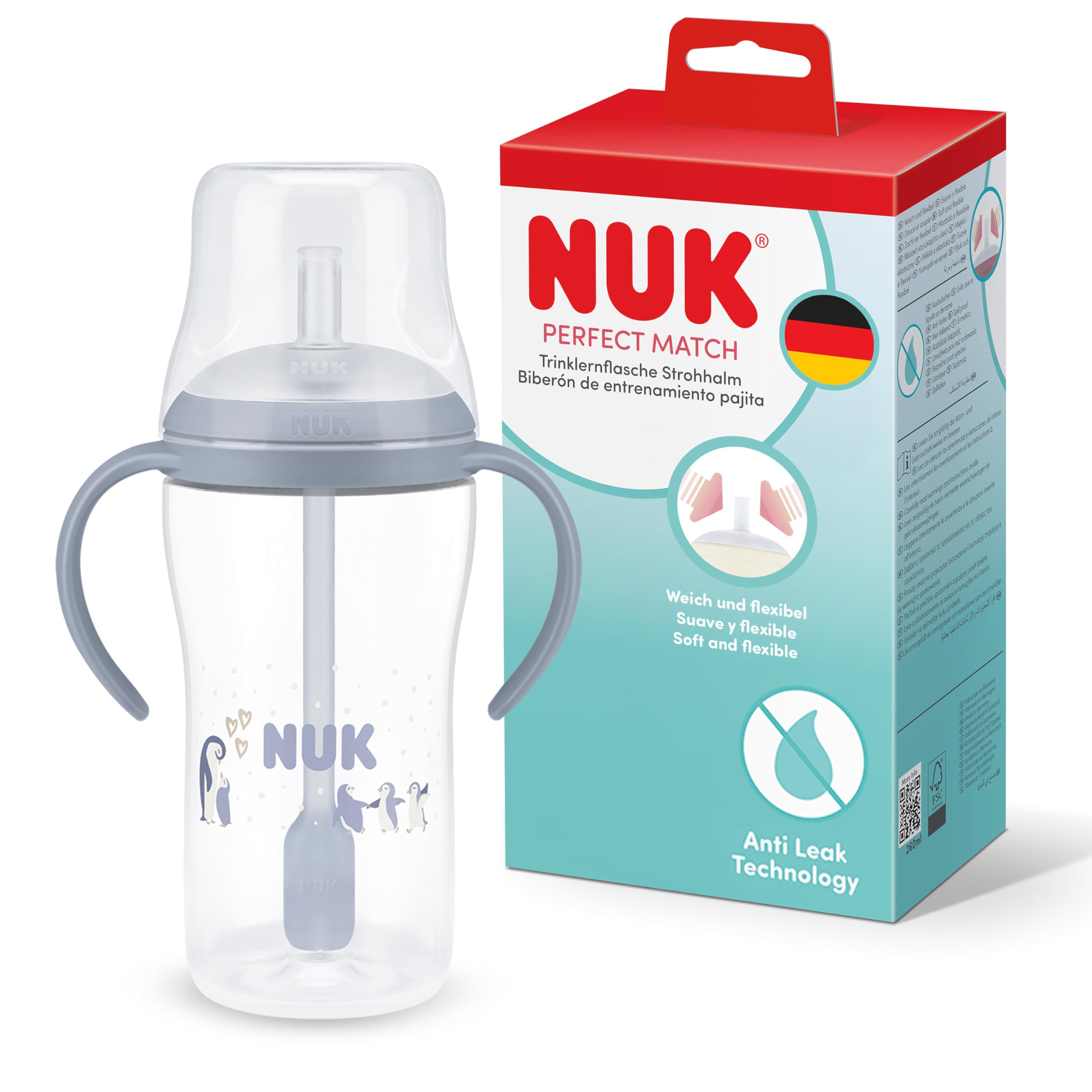 NUK Perfect Match Trinklernflasche mit Strohhalm | 8+ Monate | 260 ml | Auslaufsicherer Baby-Strohhalmbecher | Rutschfeste Griffe | Blau | 1 Stück
