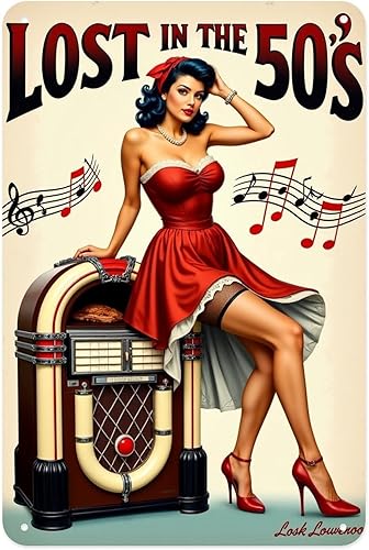 50s Pin Up Girl Tin Sign Vintage Jukebox And Red Dress Metal Sign Print Aesthetic for Garden Yard Bar Porch Home Bedroom Kitchen Wall Decor Gift 8 X