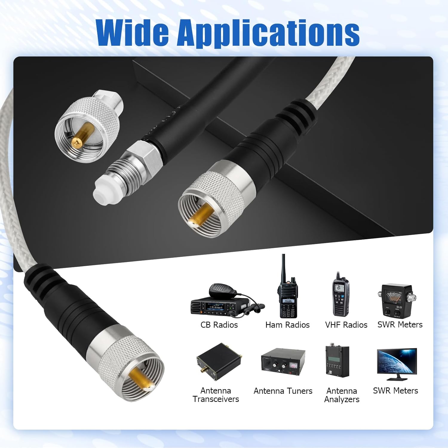 Ullnosoo CB Coax Cable 18ft, CB Radio Antenna Cable RG8X Coaxial Cable with PL-259 Male to FME Female/ PL259 Male Connector, Low Loss for HAM Radio, VHF Radio, Marine Antenna, SWR Meter