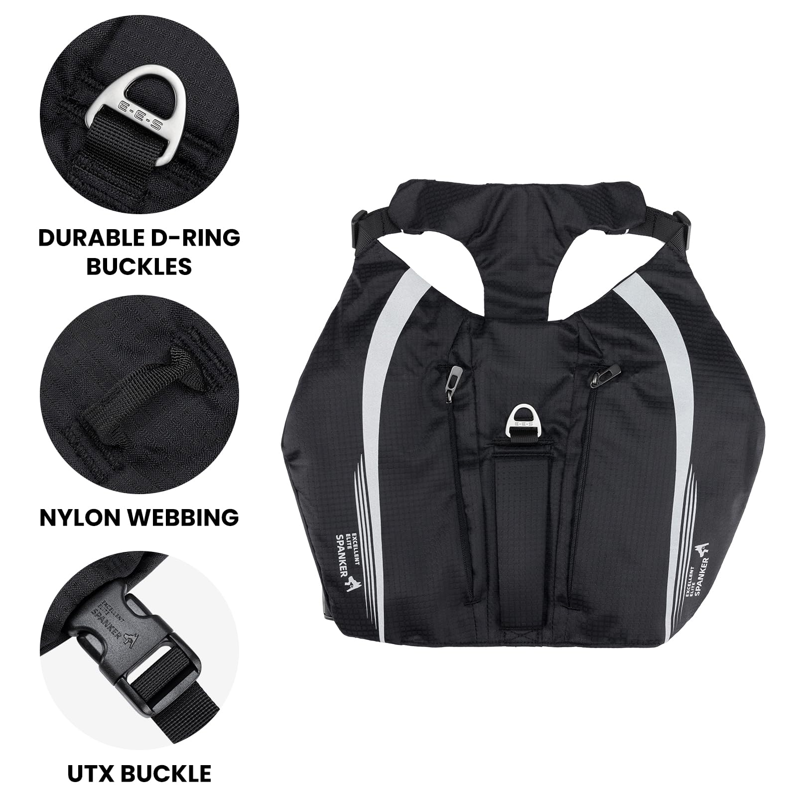 EXCELLENT ELITE SPANKER Mochila reflectante en forma de Y con bolsillos con asa, sin tirones, anillos en D, equipo ligero de senderismo para perros, caza, camping, viajes (negro)