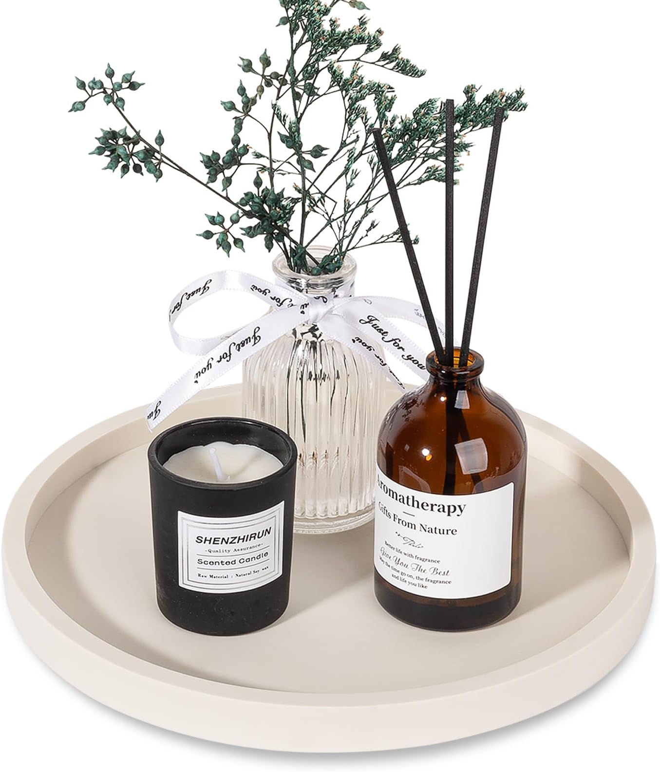 Silicone Bathroom Tray Round Vanity Tray Decorative Soap Holder Kitchen Countertop Organizer Coffee Table Decor for Candle, Perfume, Plant, 9 Inch, Beige