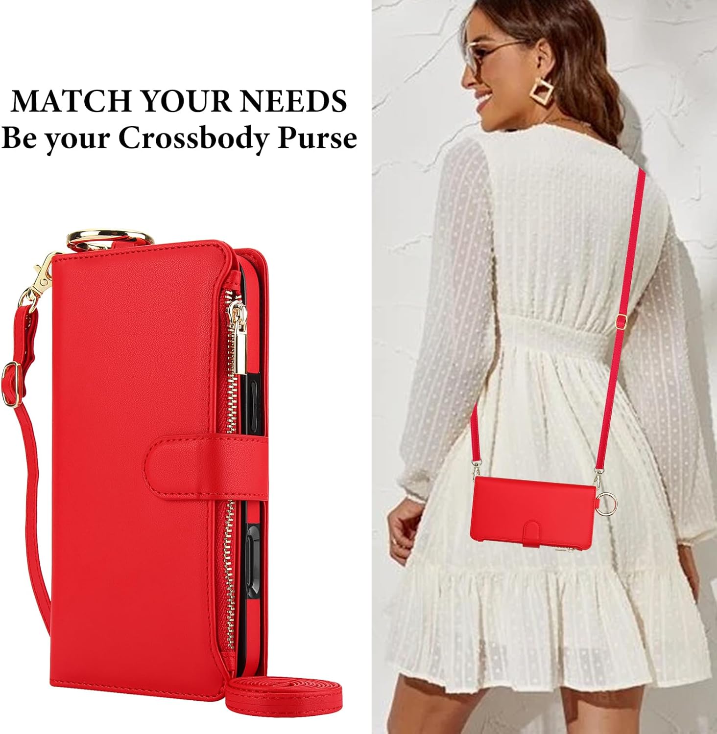 Asuwish Phone Case for iPhone 16 Zipper Wallet with Tempered Glass Screen Protector Crossbody Strap Card Holder RFID Blocking Stand Flip Cell Cover iPhone16 5G i i-Phone i16 16Case Women Girls Red