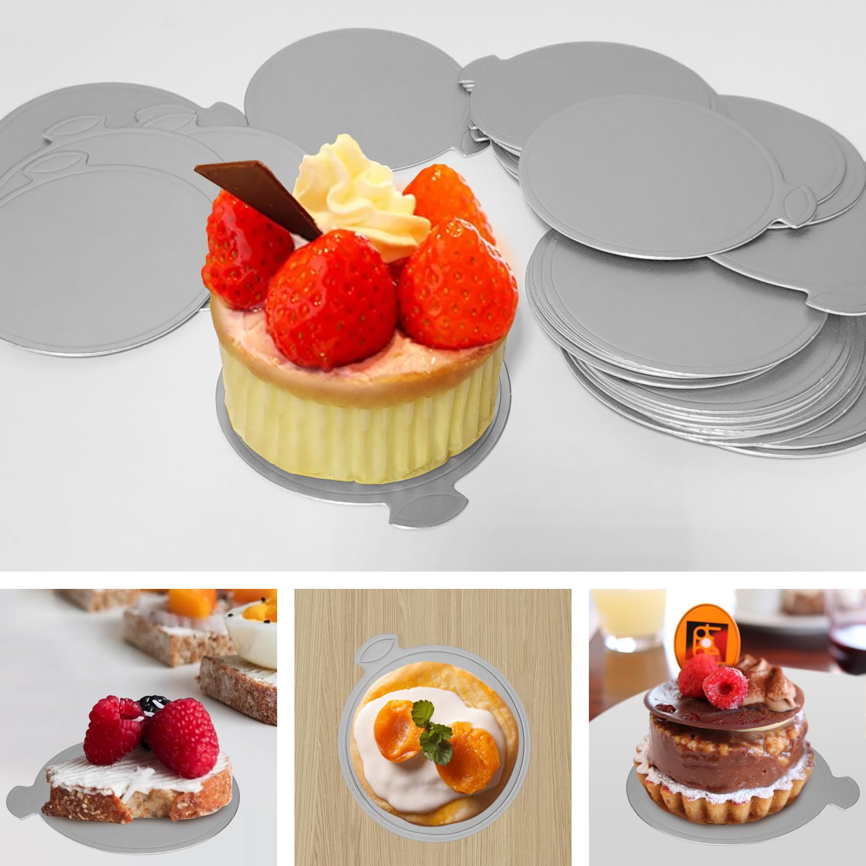 100 mini tablas para tartas, 3.1 pulgadas, base para tartas, postres, mousse, pastel de chocolate (plateado)