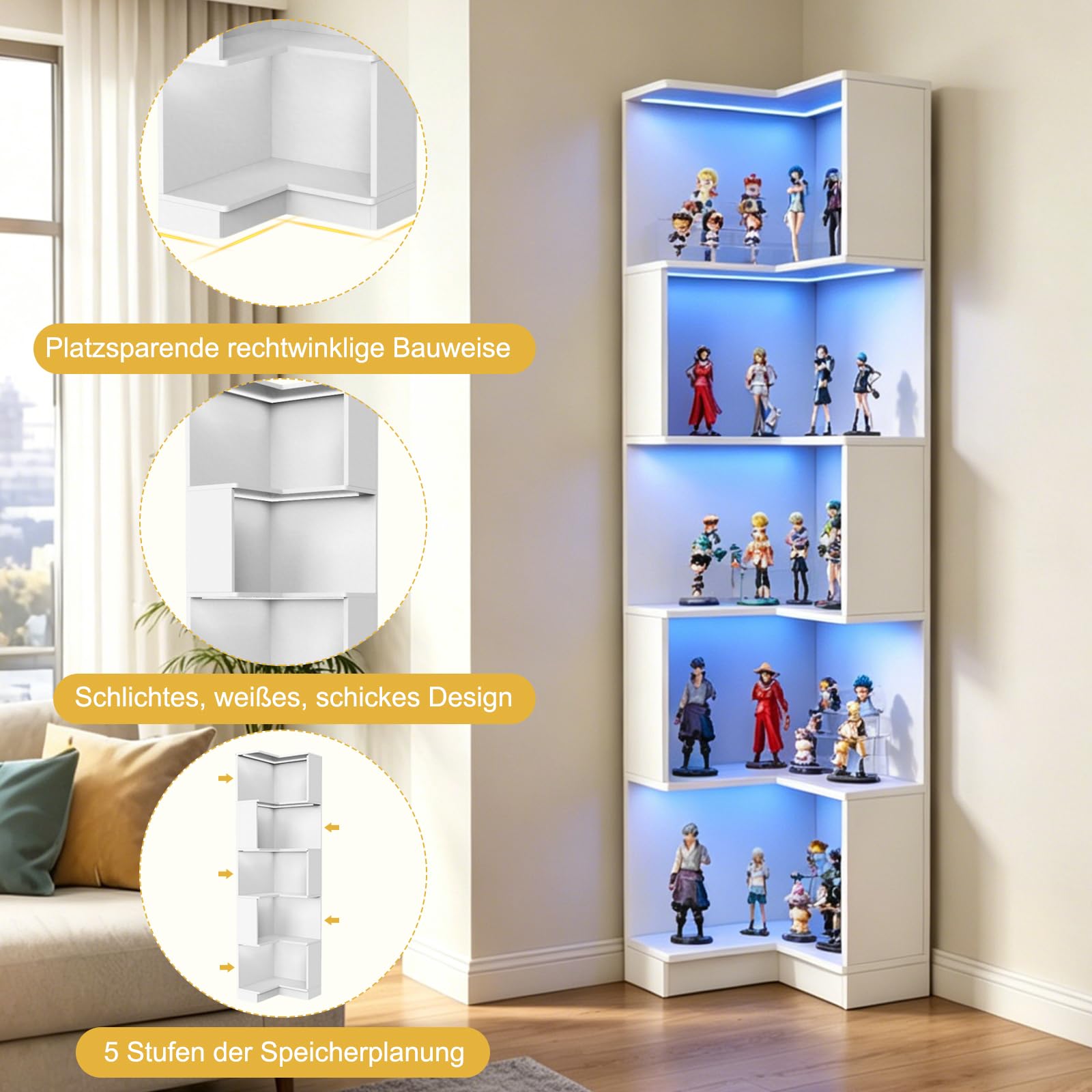 TWSOUL Estantería de Esquina con Luces LED RGB, Estante Esquinero Moderno de 5 Niveles (175cm Alto), Estantería Multifuncional de Madera en Forma de L para Decoración de Salón, Habitación, Blanco