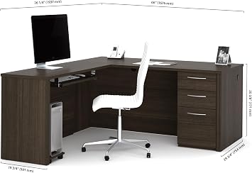 Bestar Embassy 66W L-Shaped Desk with Pedestal in dark chocolate | With Pedestal; 1 file drawer; for home office use; Manufactured Wood construction; Traditional style