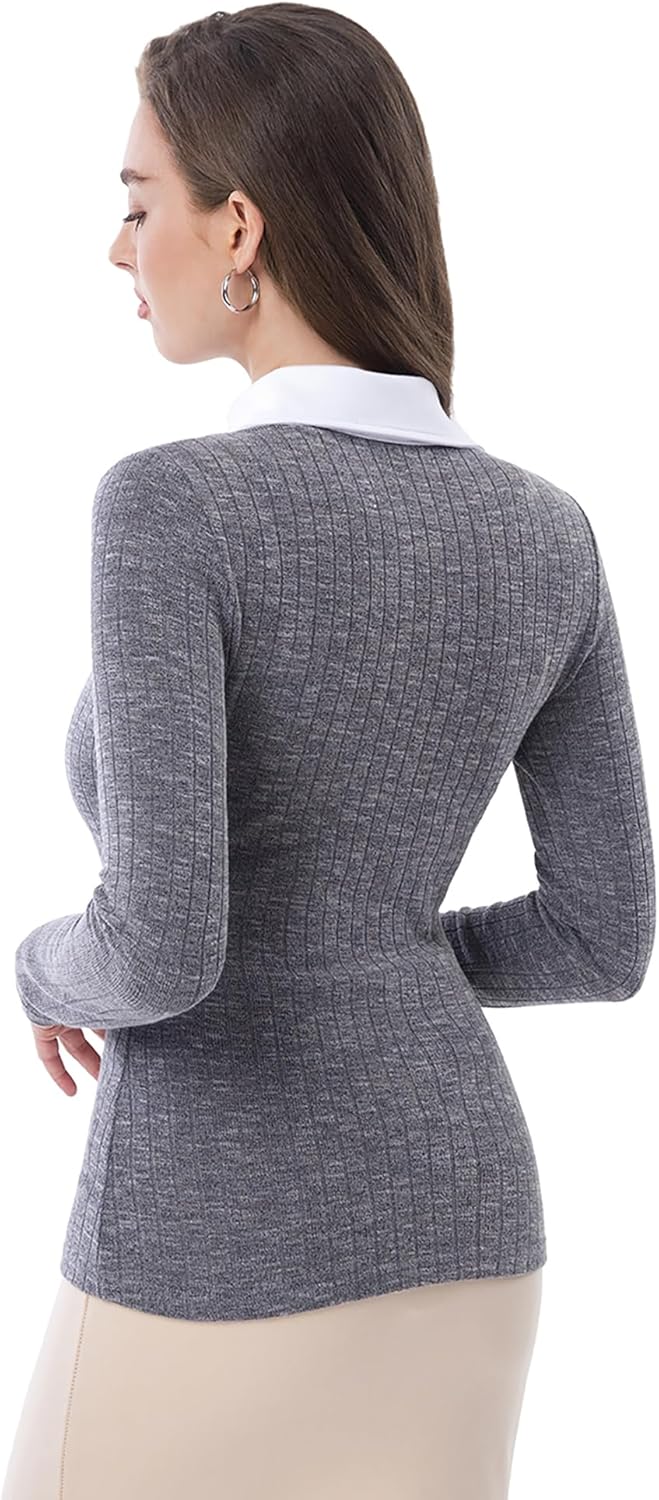 AmélieBoutik Women Office Lady Faux Shirt 2 in 1 Style Long Sleeve Pullover Blouse Button Up Top - Image 4