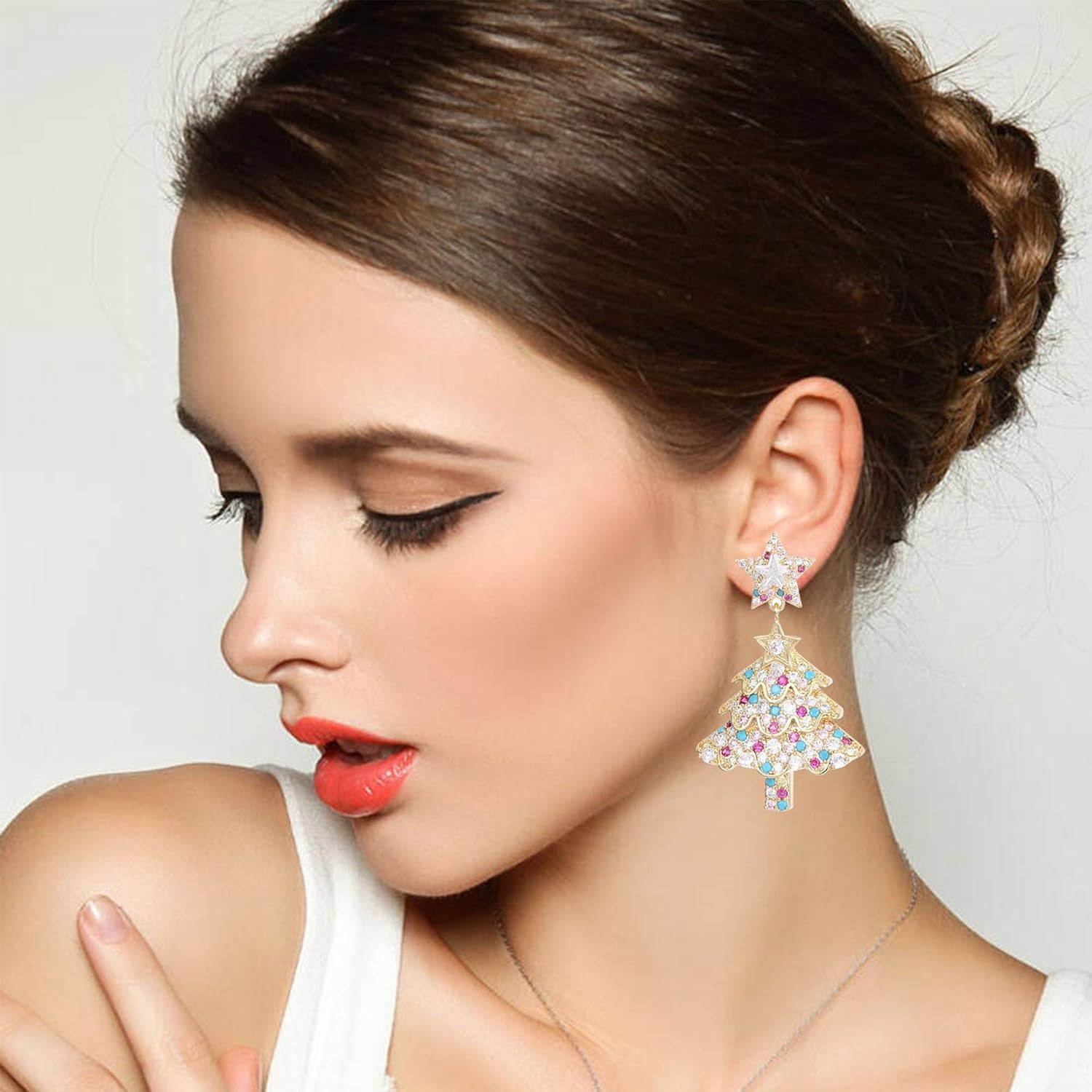 Alloy Rhinestone Christmas Tree Stud Earrings Sparkling Holiday Dangle Earrings for Women Festive Party Jewelry - Image 2