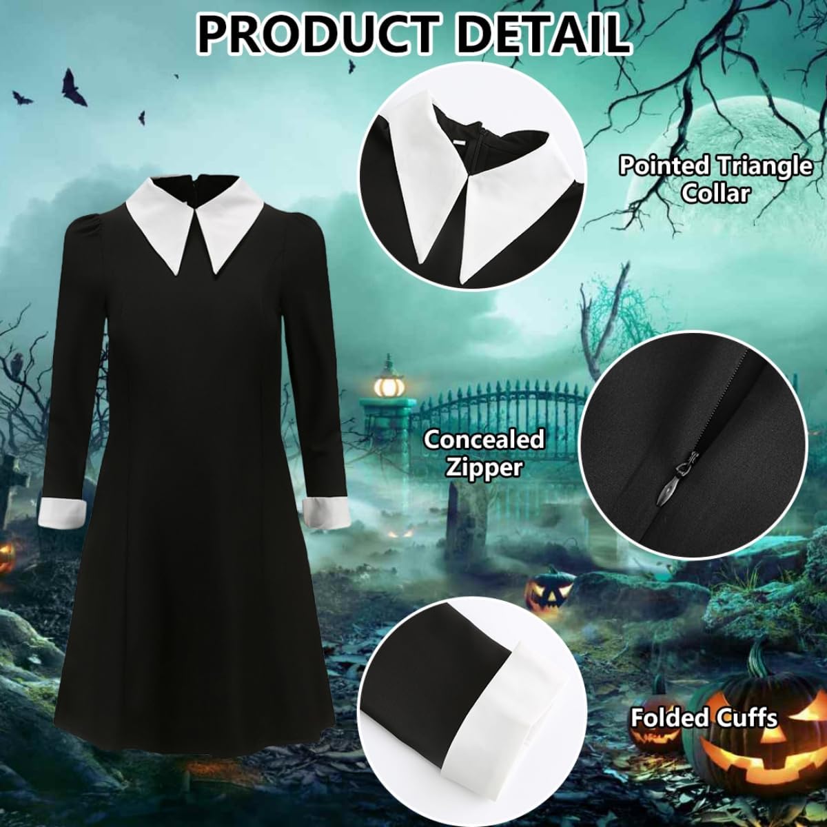 Girls Halloween Costume Kids Black Dress with Wig Necklace Socks Hairpin