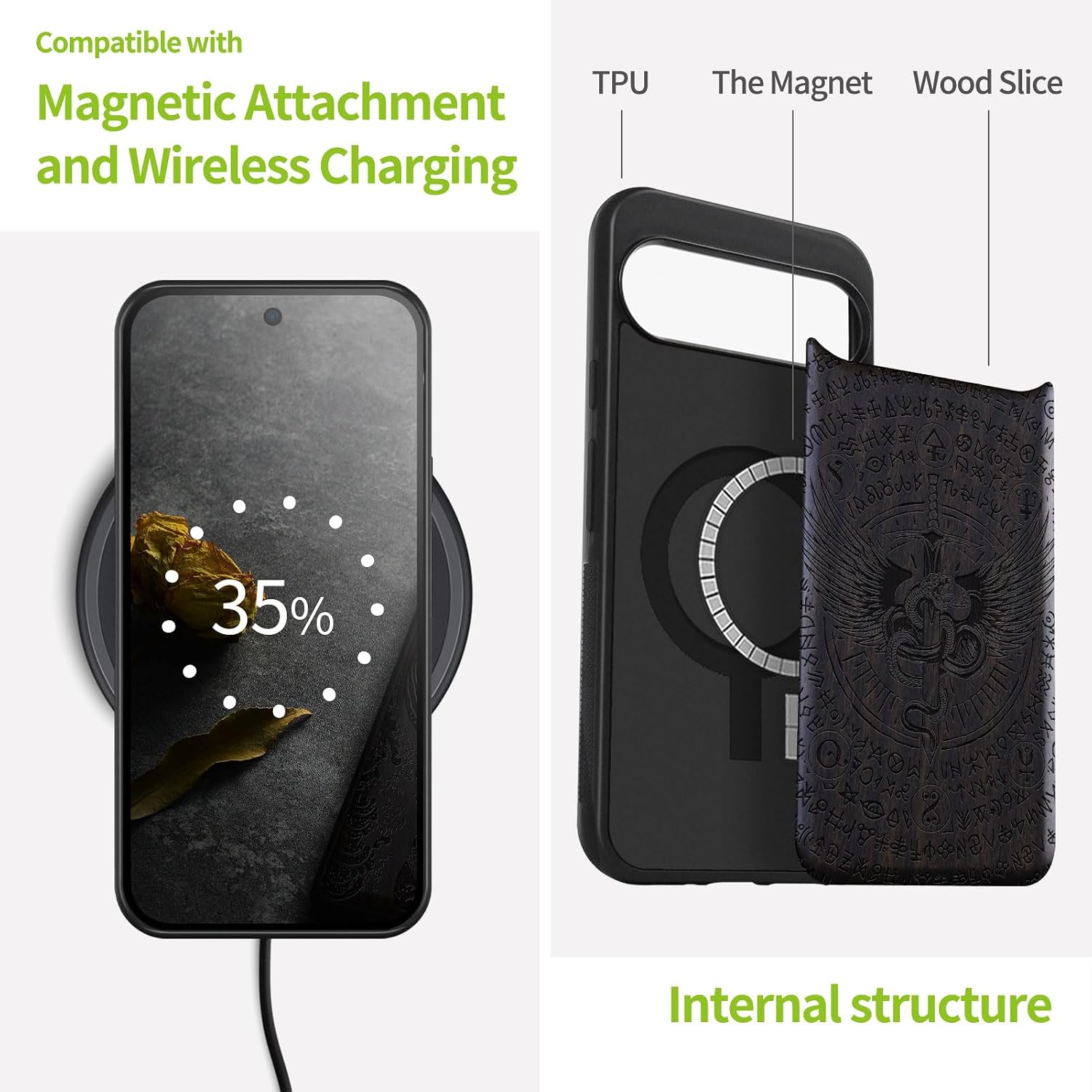 Carveit Magnetic Wooden Case for Google Pixel 9 Pro XL Case, Wood Artisan Engraved & Soft TPU Shockproof Cover, Compatible with MagSafe Wireless Chargers (Winged Serpent Blade) Blackwood