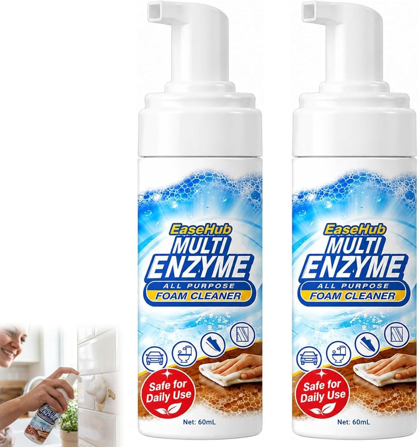 EaseHub Multi Enzyme Cleaner, Multi-Surface Foam Cleaner Spray for Kitchen, Upholstery, Carpet & Car Interior, 2 Fl Oz,2 pcs